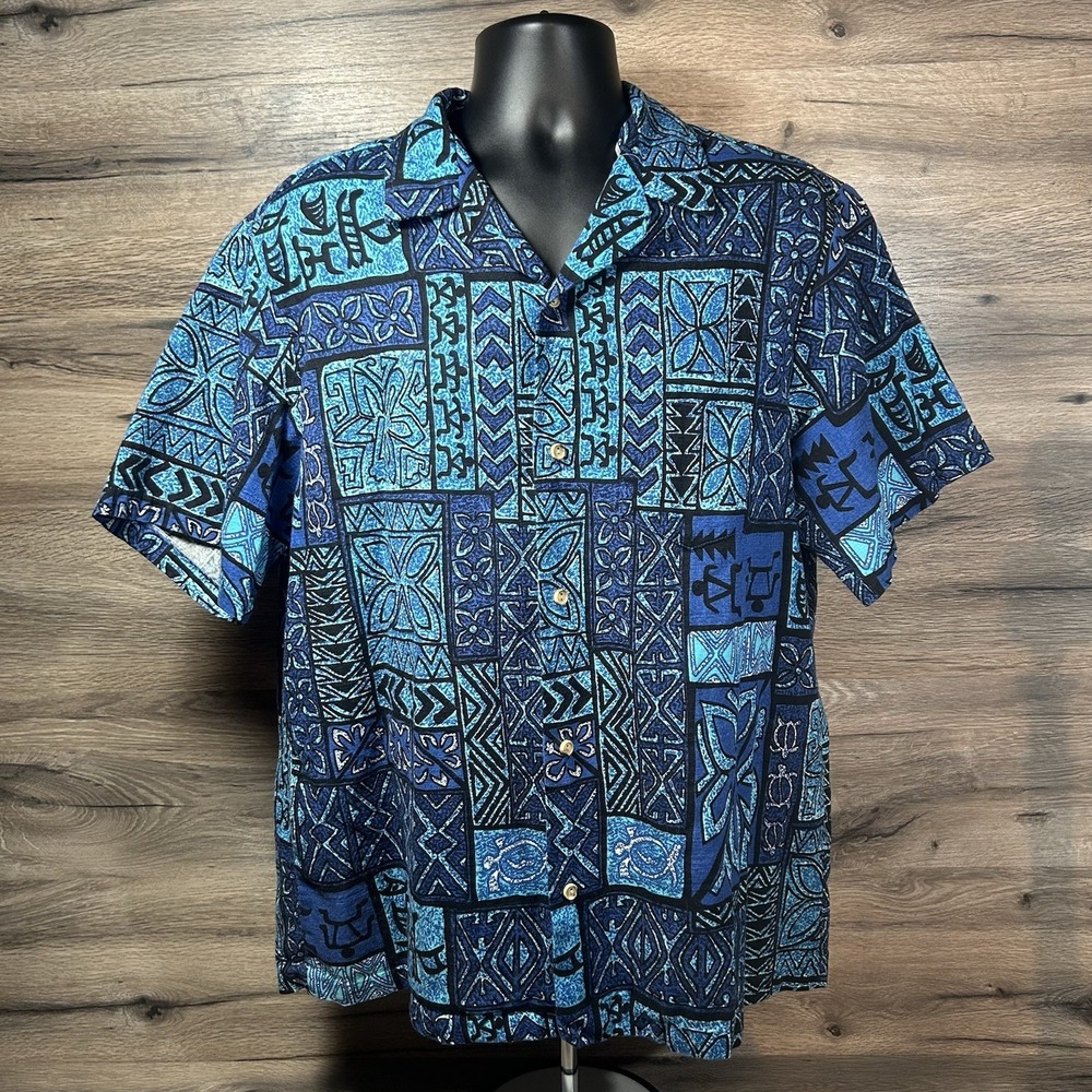 Vintage RJC Hawaiian Shirt Hawaii USA Geometric Tribal Aztec Mens XL blue